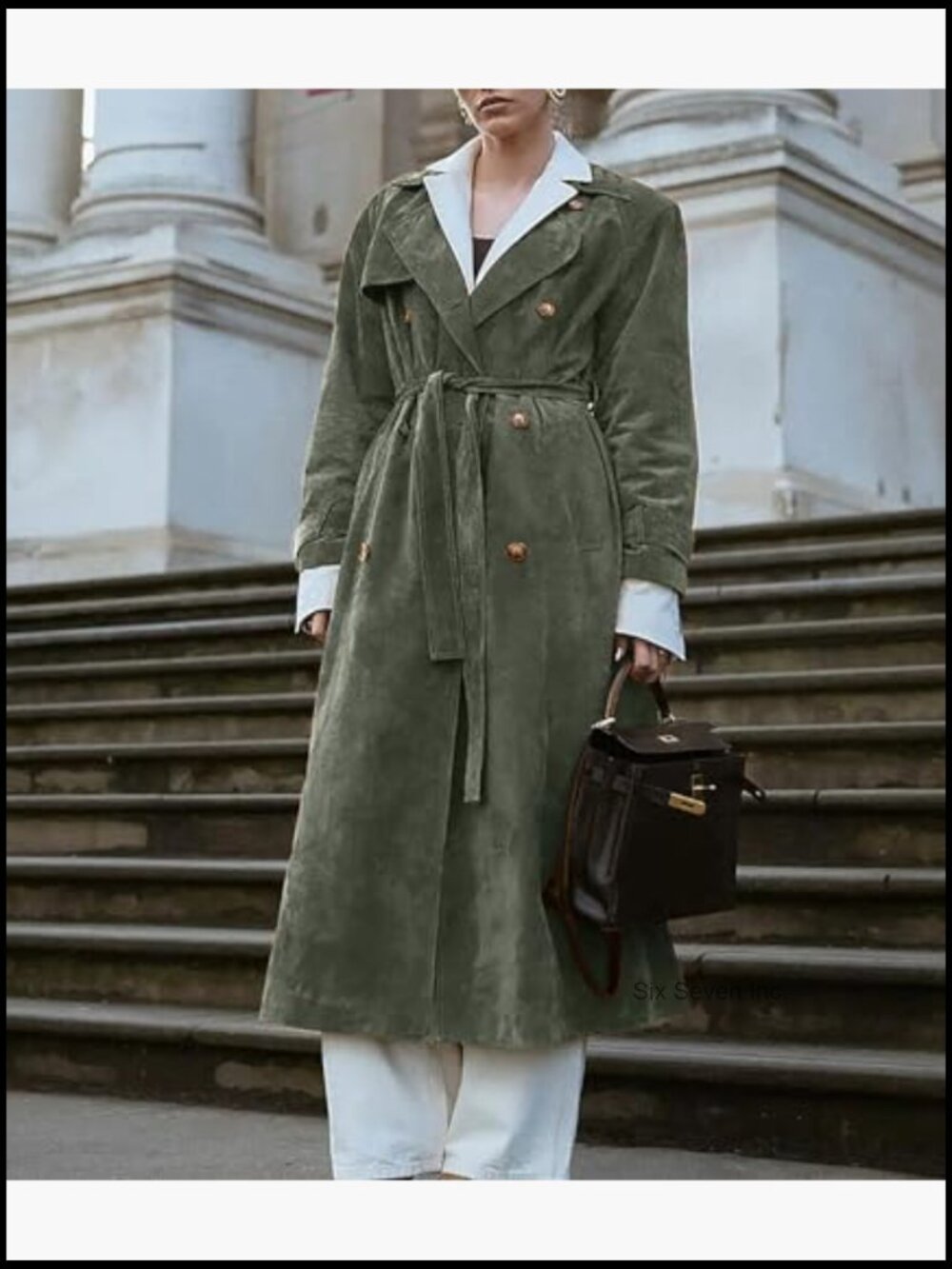 Faux Suede Long Trench Coat Notched Lapel Double Breasted Pea Coat with Belt - Picture 5 of 7